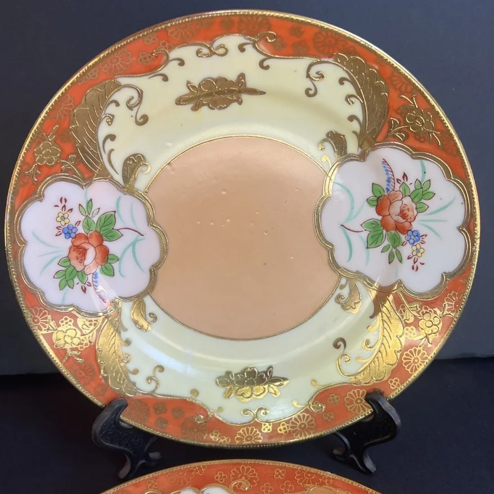 Antique 1920s Moriyama Mori Machi Japan Dessert Plates Raised Gold Gilt Set 2
